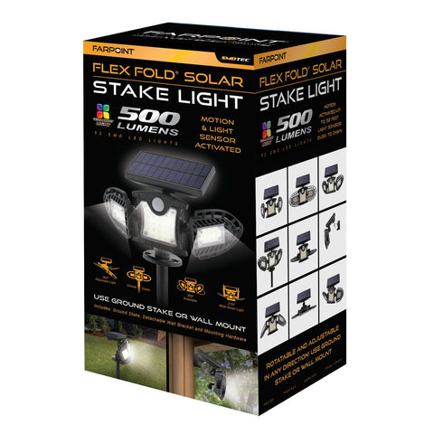 Wholesale-Farpoint Flex Fold Solar Stake Light Motion & Light Sensor Activated 500 Lumens-Solar light-Electro Vision Inc