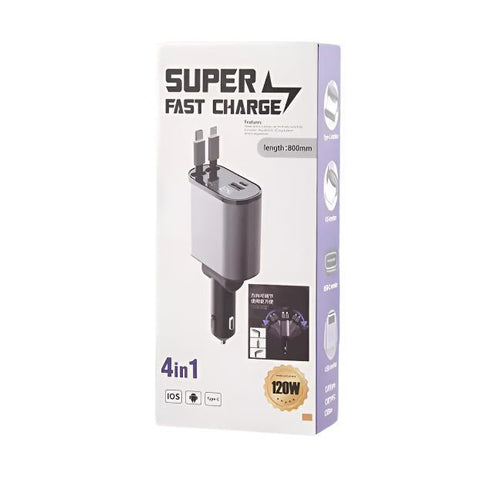Wholesale-Fast Car Charger with Retractable USB, Type-C, and Lightning Ports-Electro Vision Inc