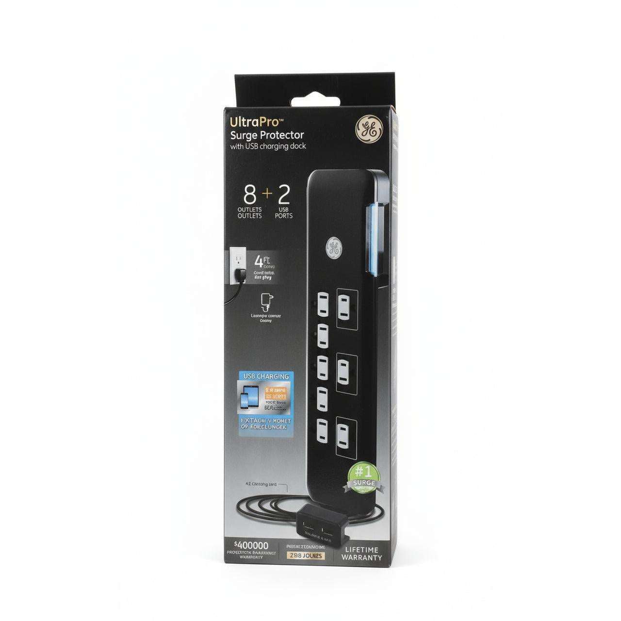 Wholesale-GE 34117 Surge Protector with 8-Outlet, USB Tether, 2160J, 2 Ports, 2.1A, 4ft Cord - Black-Surge Protector-Electro Vision Inc