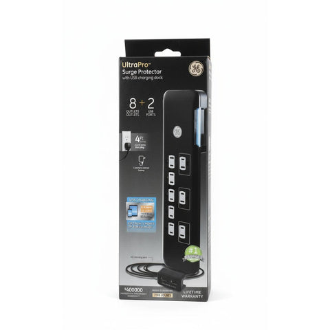 Wholesale-GE 34117 Surge Protector with 8-Outlet, USB Tether, 2160J, 2 Ports, 2.1A, 4ft Cord - Black-Surge Protector-Electro Vision Inc