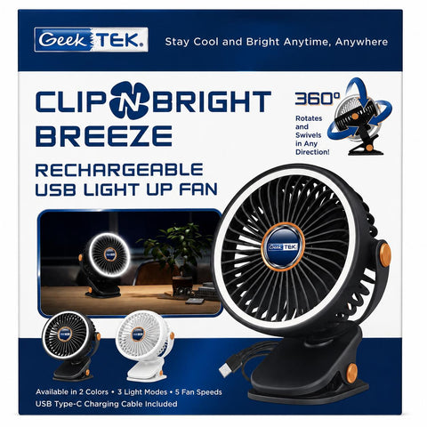 Wholesale-Geek Tek GTCF3006 Clip-N-Bright Breeze Rechargeable USB Fan w/Clip-Rechargeable Fan-Electro Vision Inc