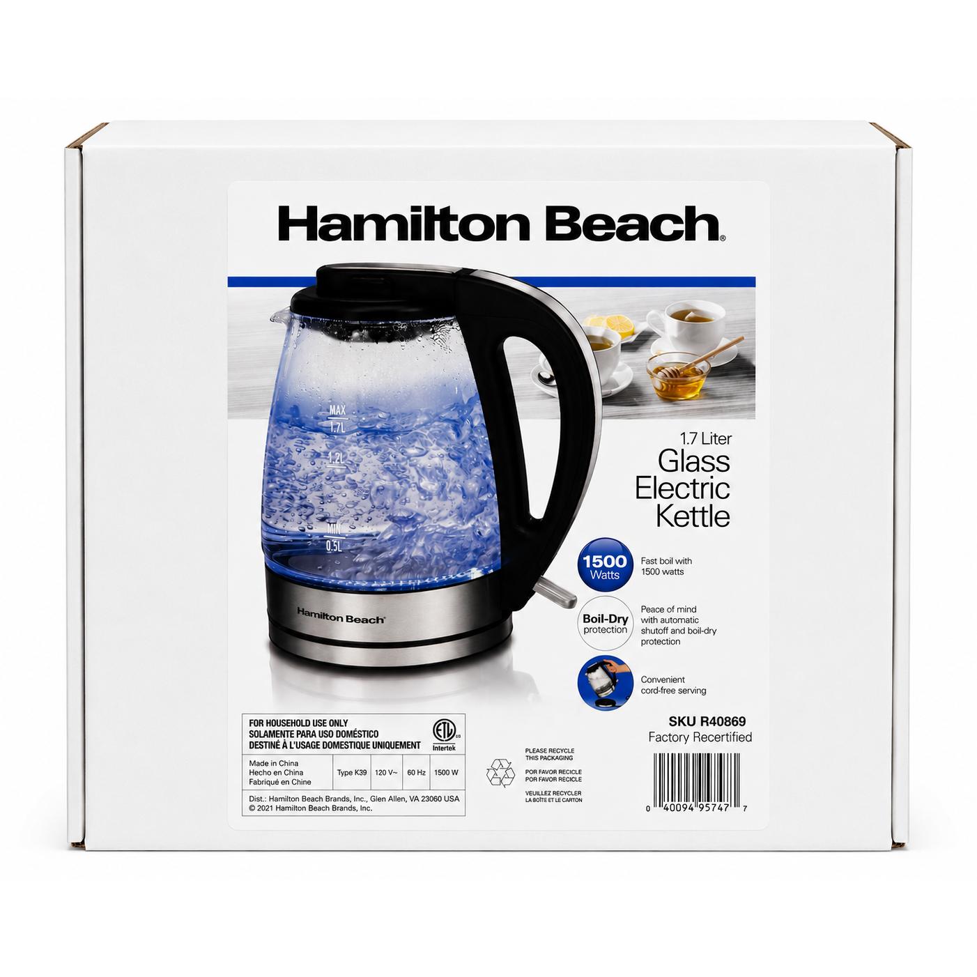 Wholesale-Hamilton Beach 40869-RB Glass Kettle 1.7L - Certified Refurbished-Kettle-Electro Vision Inc