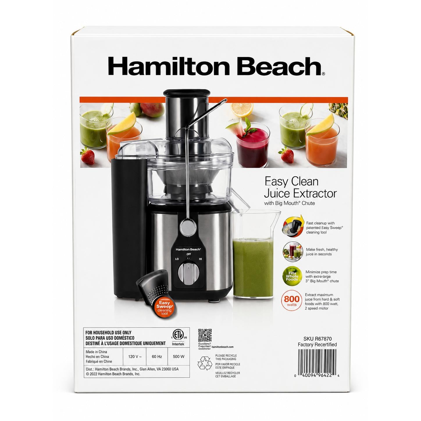 Wholesale-Hamilton Beach 67870 Juice Extractor - CERTIFIED REFURBISHED-Juice Extractor-Electro Vision Inc