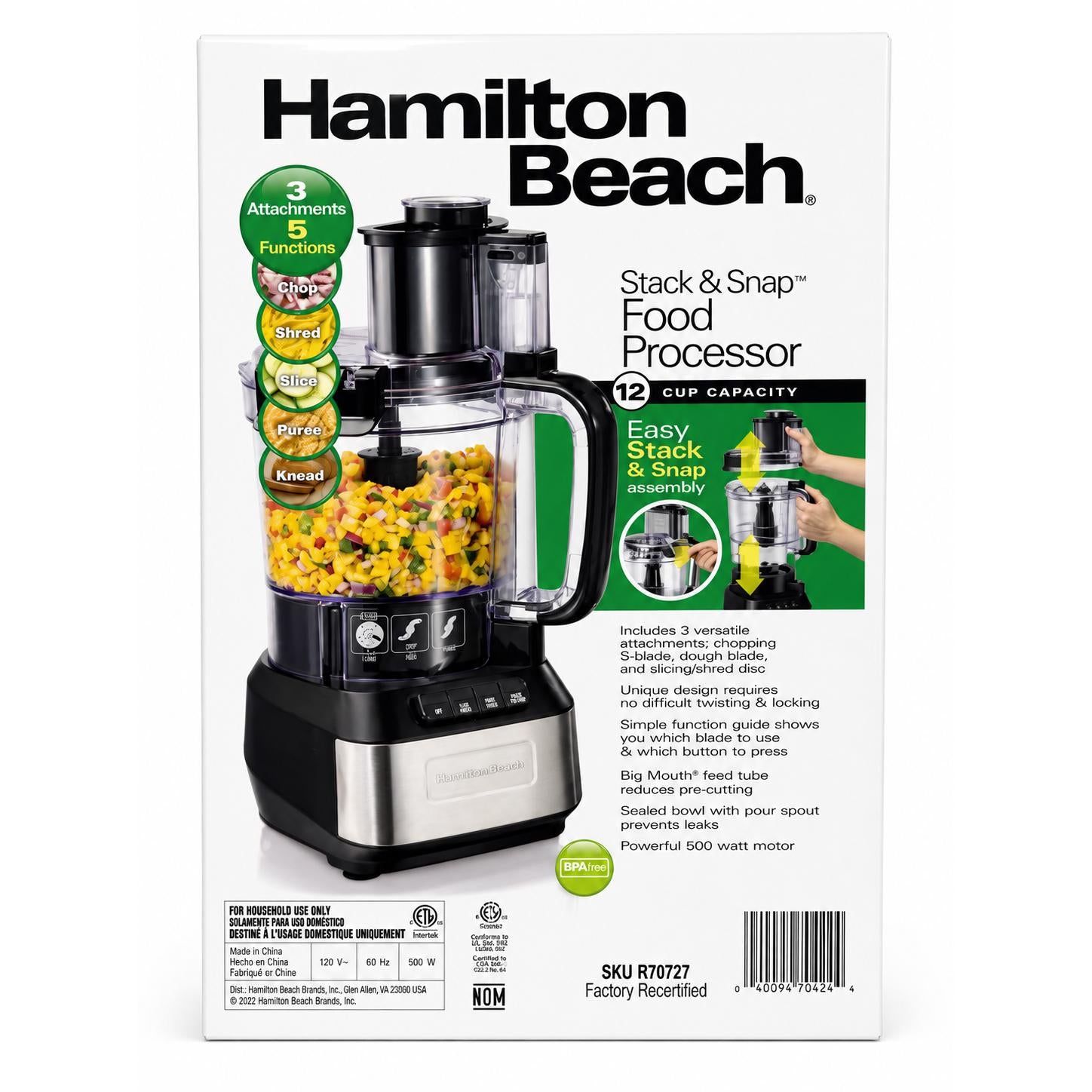 Wholesale-Hamilton Beach 70727-R/B Stack and Snap Food Processor 12 Cup - CERTIFIED REFURBISHED-Food Processor-Electro Vision Inc