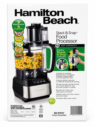 Hamilton Beach 70727-R/B Stack and Snap Food Processor 12 Cup - CERTIFIED REFURBISHED