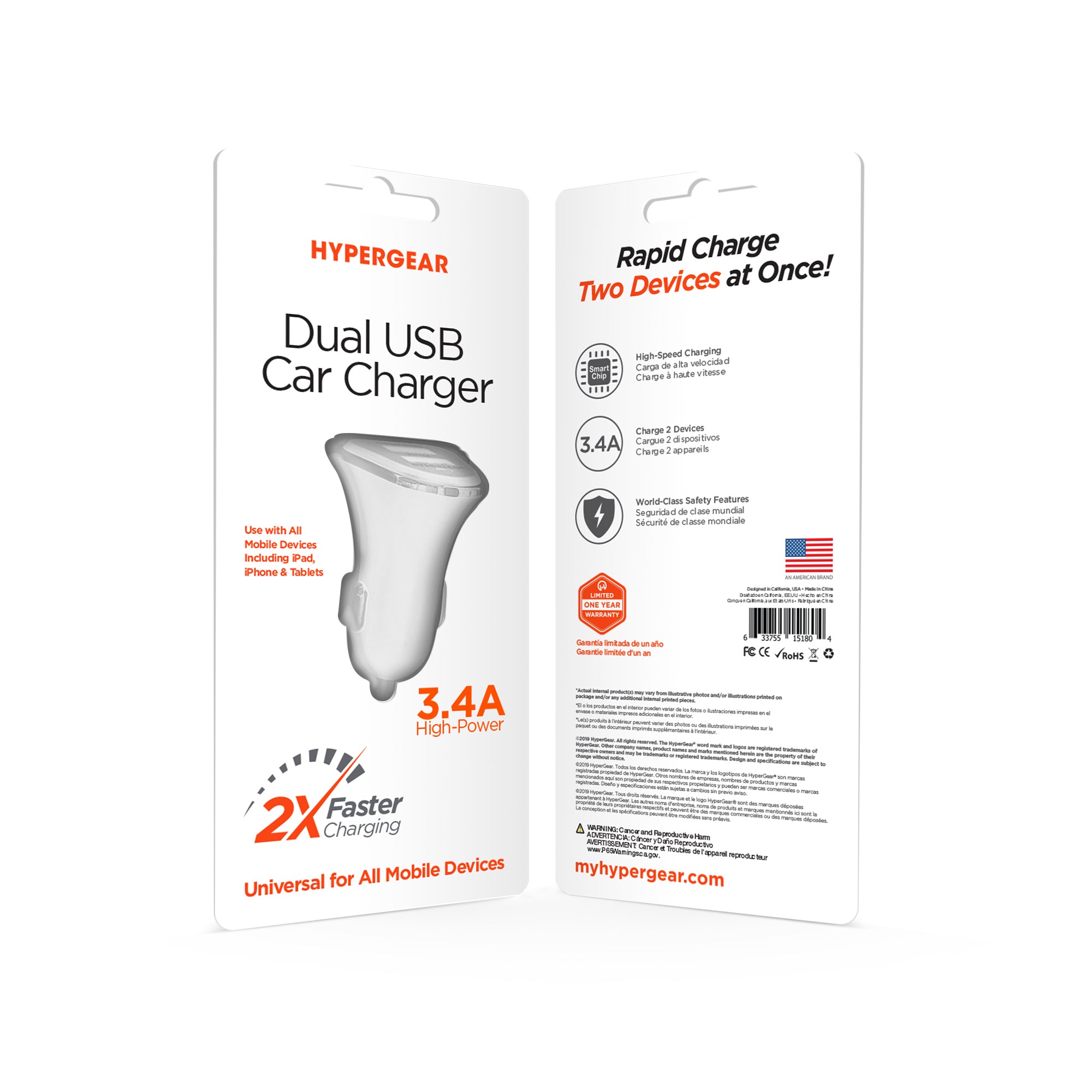Wholesale-HyperGear - 15180 -High-Power 17W 3.4amp Dual USB Car Charger-Electro Vision Inc