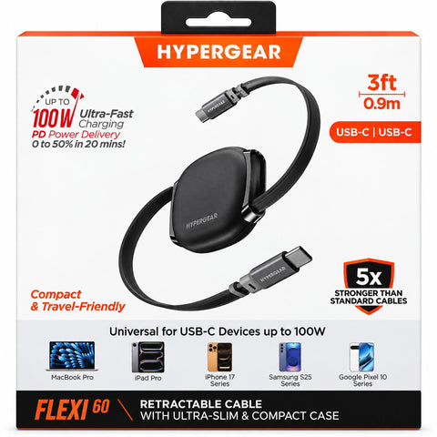Wholesale-HyperGear 16115 Flexi Go USB-C to USB-C Retractable Cable 3ft - Gray-USB Cable-Electro Vision Inc