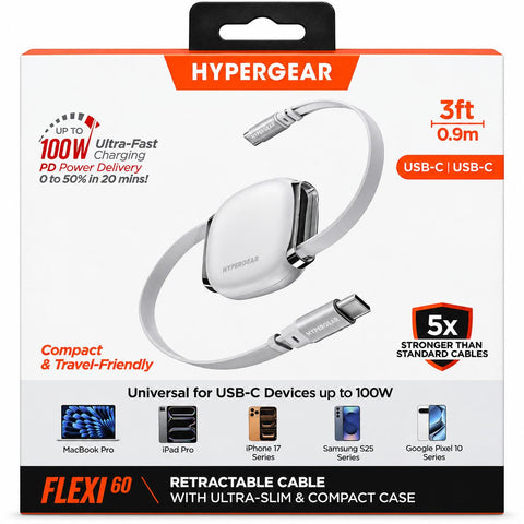 Wholesale-HyperGear 16169 Flexi Go USB-C to USB-C Retractable Cable 3ft - White-USB Cable-Electro Vision Inc