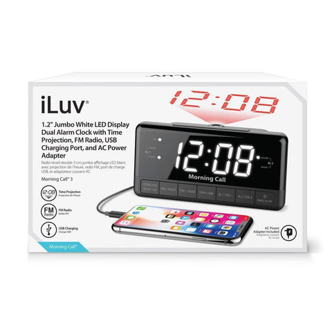 Wholesale-ILUV MORCAL3ULBK Morning Call 3 - 1.2"Jumbo WHT LED projection alarm clock / FM Radio / Charging Port-Electro Vision Inc