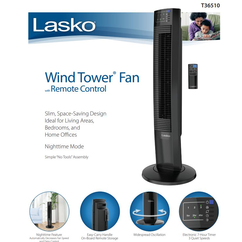 Wholesale-LASKO T36510 36" TOWER FAN /REMOTE-Fans-Electro Vision Inc