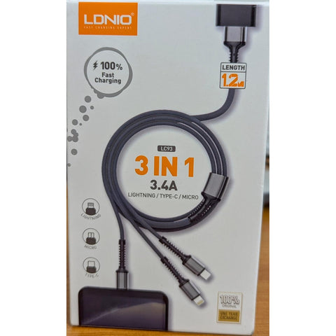 Wholesale-LDNIO LC93 3-in-1 Charging Data Cable for Mobile Phones, USB-C-Electro Vision Inc