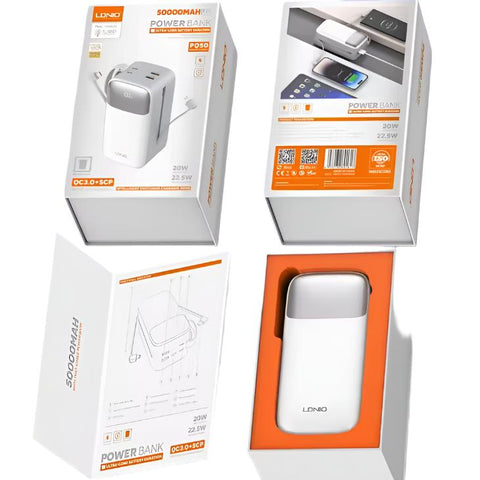 Wholesale-LDNIO PQ50 Portable 50000mAh High Capacity Mobile Power Bank, Built in Cables Type-Cand Lightning-Electro Vision Inc