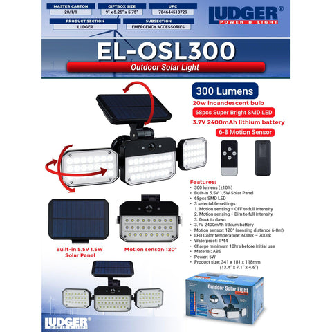 Wholesale-LUDGER ELOSL300 Outdoor Solar Light Motion Sensor-Solar light-Electro Vision Inc
