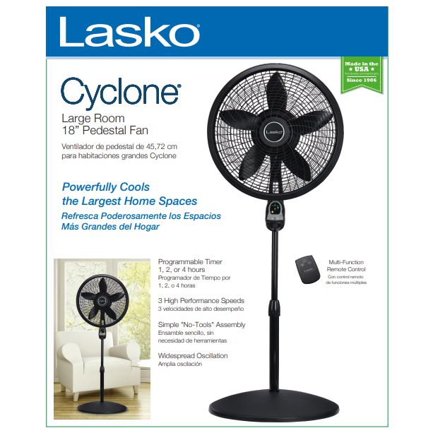 Wholesale-Lasko 1843 Pedestal Fan 18" Remote Control Black-Fans-Electro Vision Inc