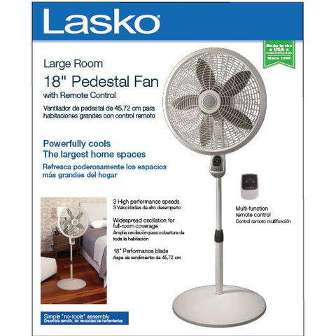 Wholesale-Lasko 1850 Pedestal Fan 18" with Remote-Fans-Electro Vision Inc