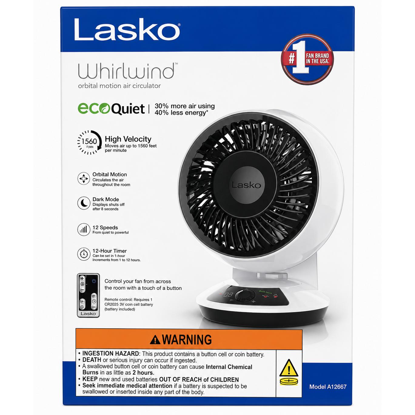 Wholesale-Lasko A12667 Whirlwind 7" Orbital Motion Table Top Fan with EcoQuiet - White-Fans-Electro Vision Inc