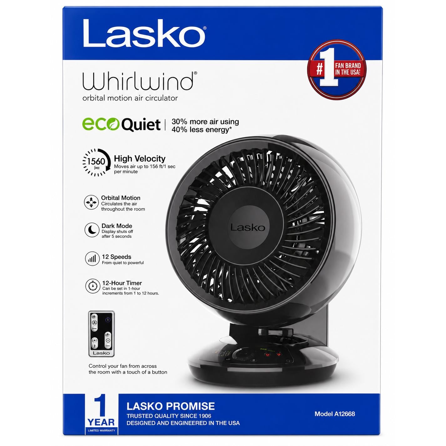 Wholesale-Lasko A12668 Whirlwind 7" Orbital Motion Table Top Fan with EcoQuiet Blade-Pedestal Fan-Electro Vision Inc
