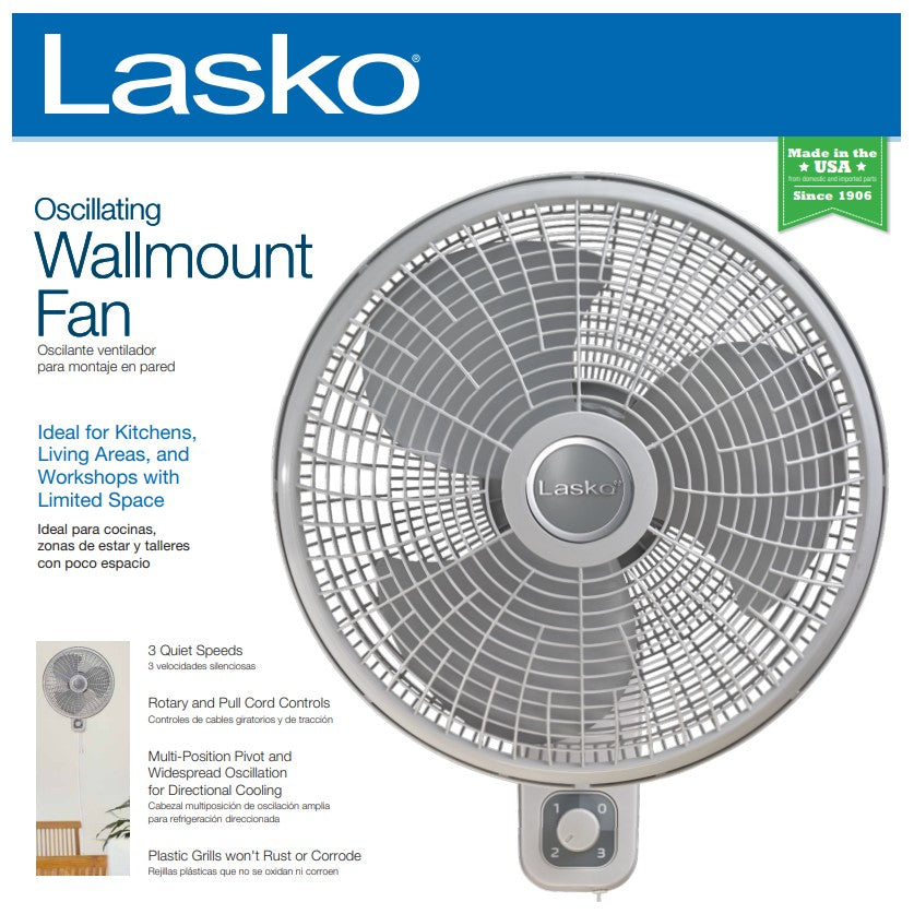 Wholesale-Lasko M16900 Oscillating Wall Mount Fan 16"-Fans-Electro Vision Inc