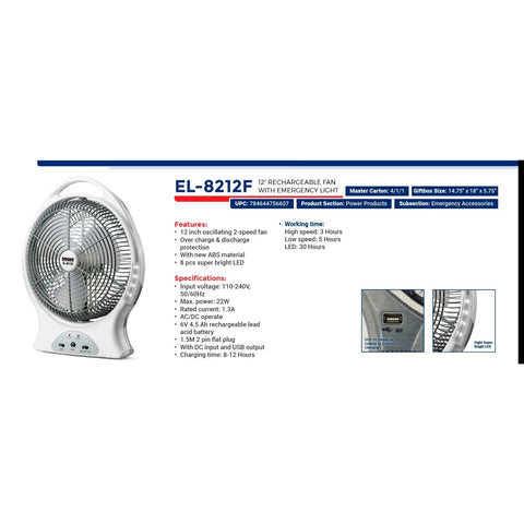 Wholesale-Ludger EL-8212F Portable 12" Rechargeable Fan-Fans-Electro Vision Inc