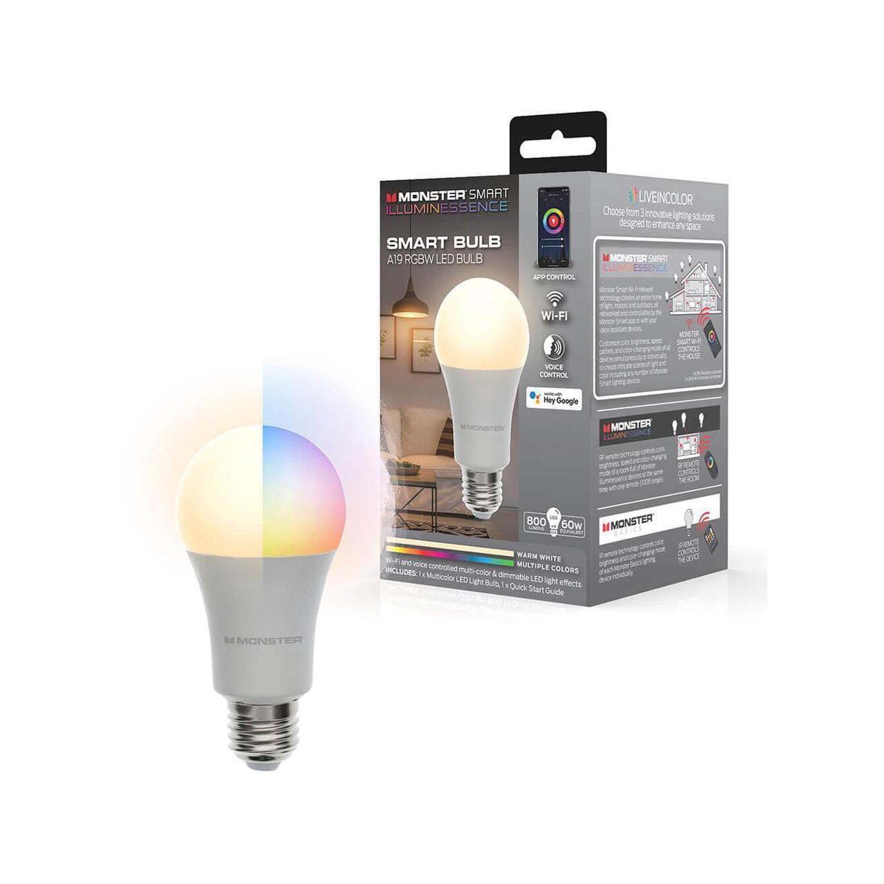 Wholesale-Monster MLB71051RGB - Smart Multi-color & Warm White A19 LED Light Bulb, E26 Bulb-LED Light-Electro Vision Inc
