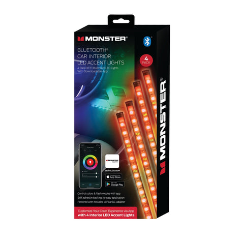 Wholesale-Monster MLB71089RGB - Bluetooth Car Interior LED Accent Lights, 4 Pack 10.5'-LED Light-Electro Vision Inc
