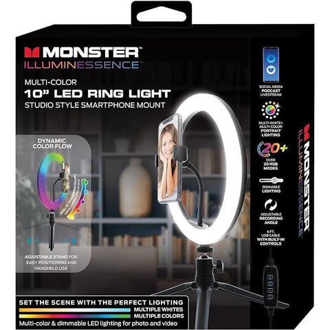 Wholesale-Monster MSV71010RGB - Multi-color 10" LED Ring Light Smartphone Mount, 6ft USB Cable-Ring Light-Electro Vision Inc
