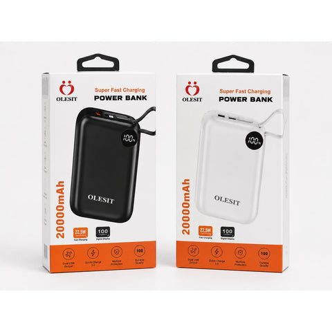Wholesale-Olesit Power Bank 20,000 mAh - Built in USB-C Cable-Power Bank-Electro Vision Inc