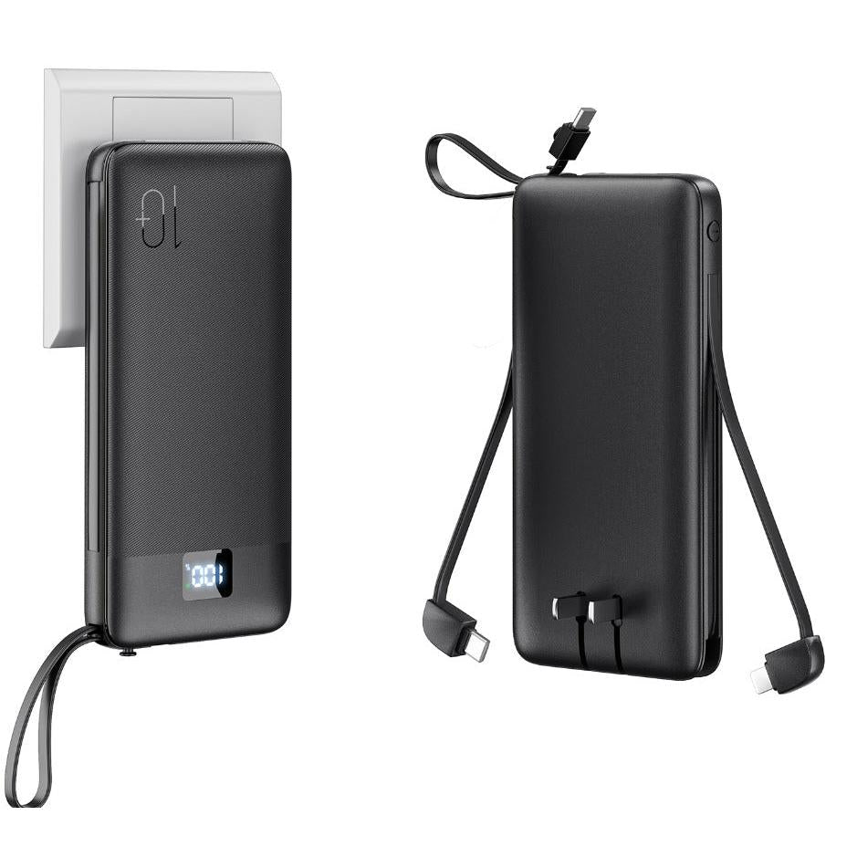Wholesale-PB-107 – Power Bank 10,000mAh, Built-in Cables, USB-C Input/Output, USB-A, AC Wall Plug, LCD Display-Power Bank-Electro Vision Inc