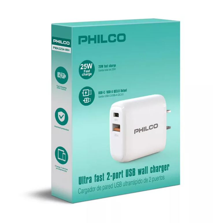 Wholesale-Philco 20W Dual Port Wall Charger – USB-C + USB-A, Power Delivery & Quick Charge, US Plug-USB Wall Charger-Electro Vision Inc