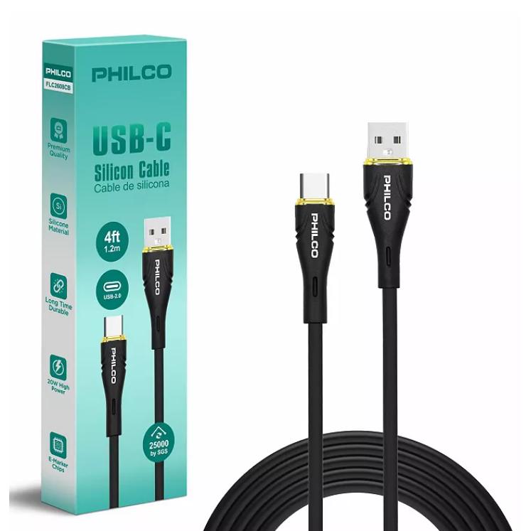 Wholesale-Philco FLC2608CB USB-A to USB-C Silicone Cable 1.2m, 20W - Black-USB Cable-Electro Vision Inc