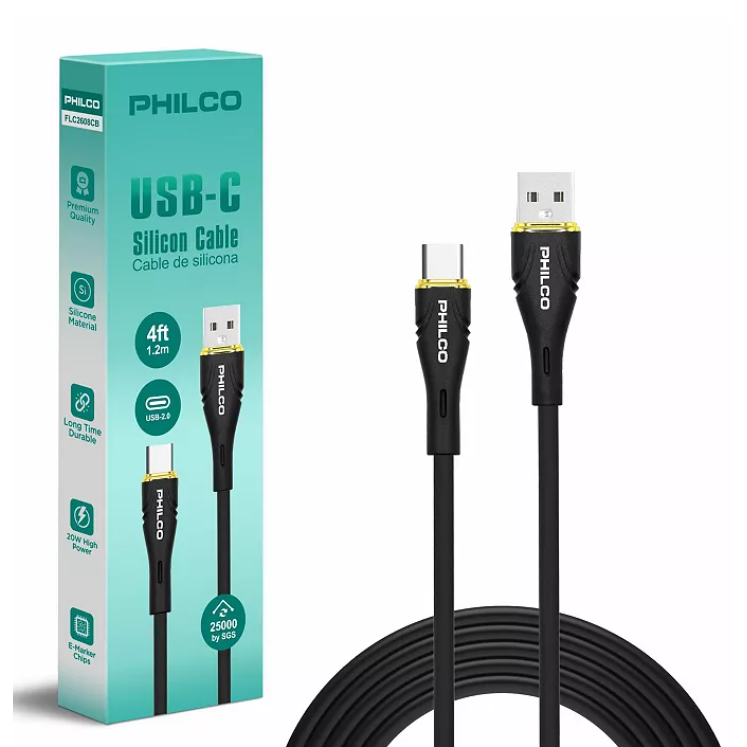 Wholesale-Philco FLC2608CB USB-A to USB-C Silicone Cable 1.2m, 20W, Black-Electro Vision Inc