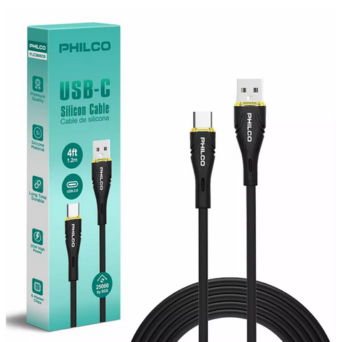 Wholesale-Philco FLC2608CB USB-A to USB-C Silicone Cable 1.2m, 20W, Black-Electro Vision Inc