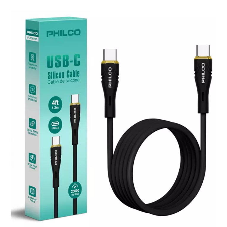 Wholesale-Philco FLC2610B USB-C to USB-C Silicone Cable 1.2m, 20W, Black-Electro Vision Inc