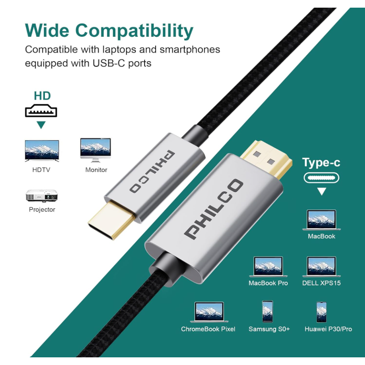 Wholesale-Philco PAH1314C-GY USB-C to HDMI Cable 6ft, 4K, 60Hz MacBook/iPad Compatible (Black)-USB-C Cable-Electro Vision Inc