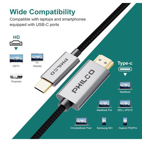 Wholesale-Philco PAH1314C-GY USB-C to HDMI Cable 6ft, 4K, 60Hz MacBook/iPad Compatible - Black-USB-C Cable-Electro Vision Inc