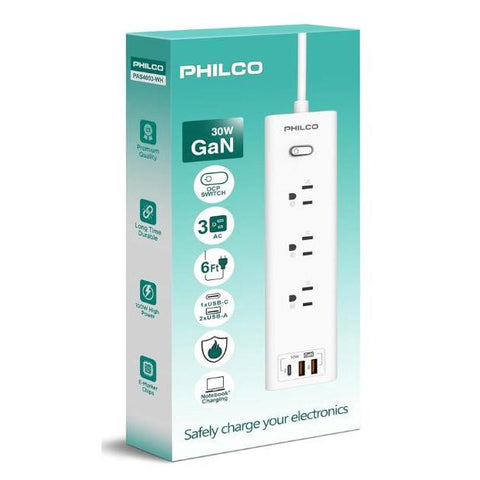 Wholesale-Philco PAS4003WH Power Strip, 4 Outlets, 1 USB-C port, and 2 USB-A Ports-Power Strip-Electro Vision Inc