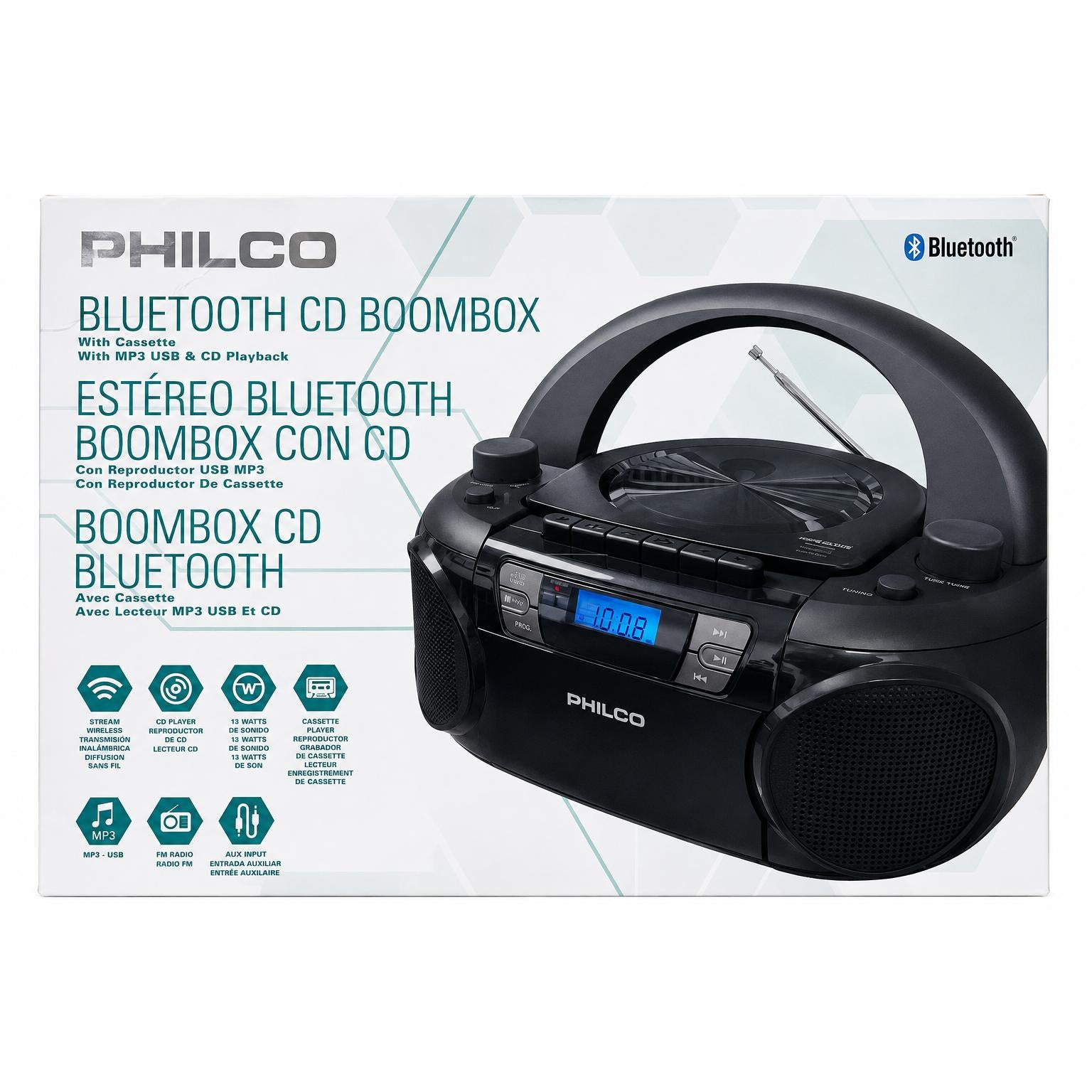Wholesale-Philco PJC7000BT Portable CD Player Boombox Bluetooth Cassette Radio-Boombox-Electro Vision Inc
