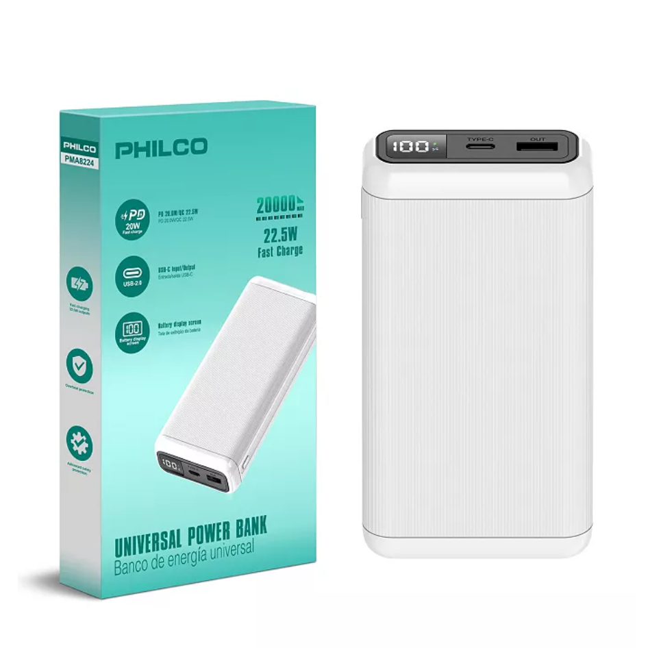 Wholesale-Philco PMA8224BK 20,000mAh Power Bank 22.5W PD Fast Charger, Portable External Battery-Electro Vision Inc