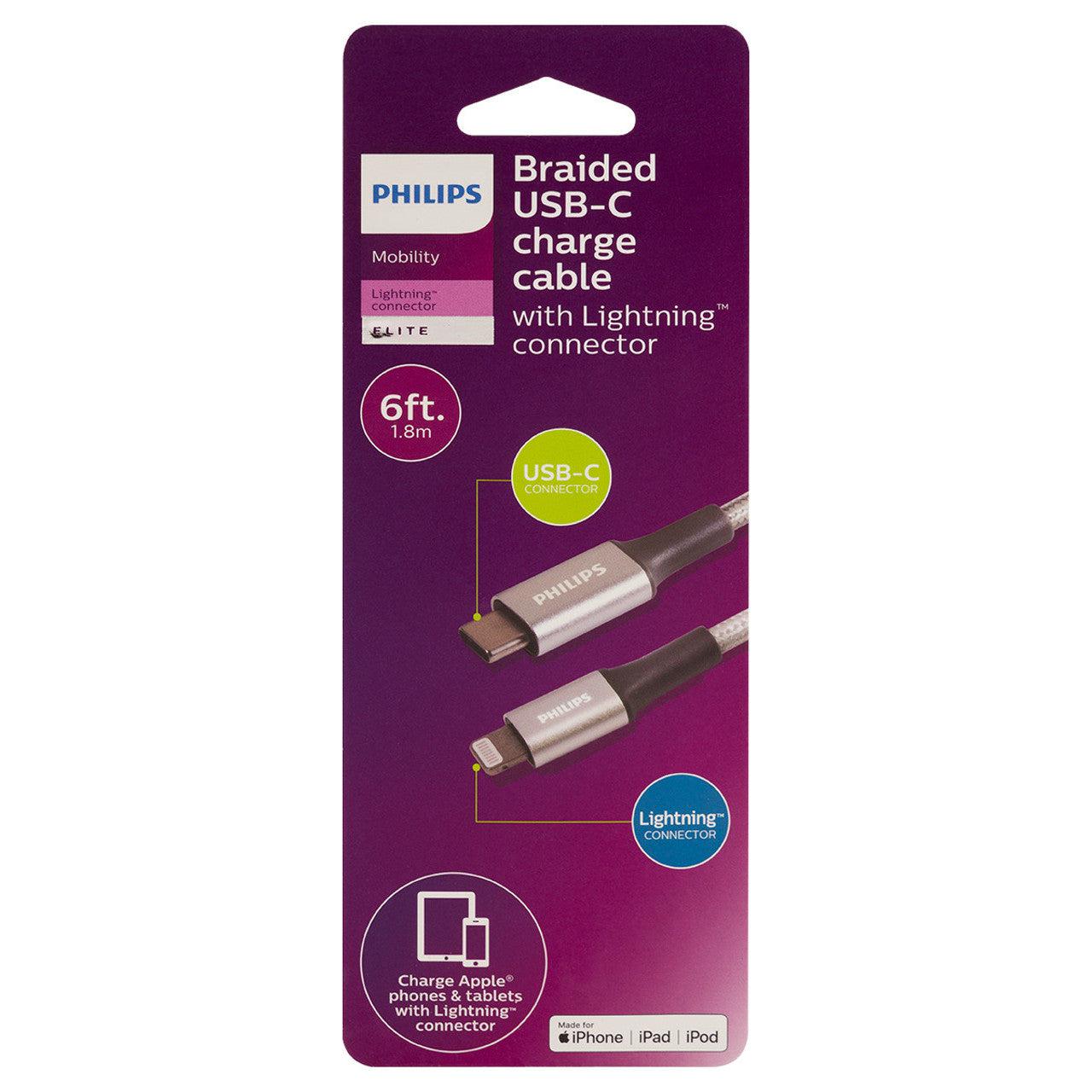 Wholesale-Philips DLC4206L2/27 - USB-C to Lightning 6 Ft. Cable Braided Cord - Silver-USB Cable-Electro Vision Inc