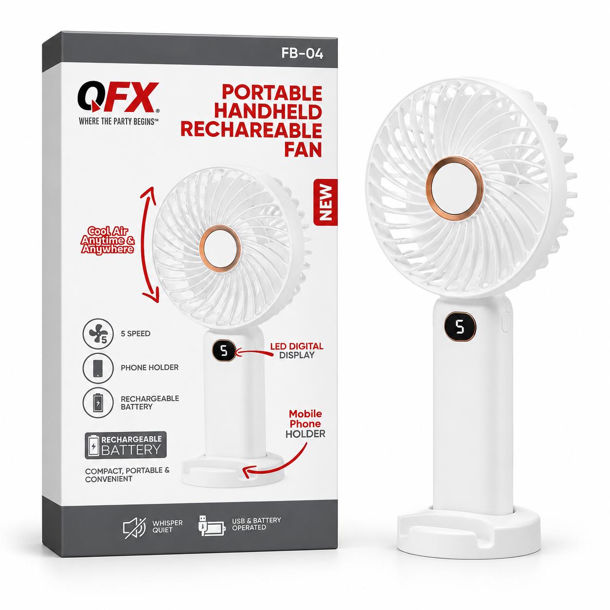 Wholesale-QFX FB04 Portable Rechargeable Handheld 5-Speed Cooling Fan w/ LED Lights-Handheld Fan-Electro Vision Inc