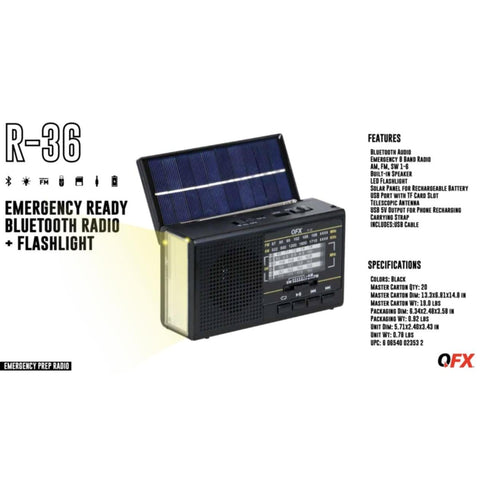 Wholesale-QFX R36 Portable Rechargeable Solar Radio with Flashlight-Radio-Electro Vision Inc