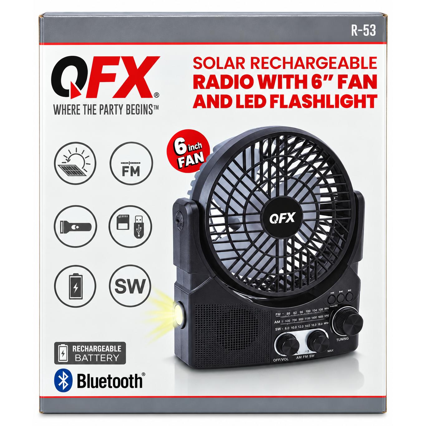 Wholesale-QFX R53 Solar Rechargeable Radio w/ 6" Fan and LED Flashlight-Solar Radio-Electro Vision Inc
