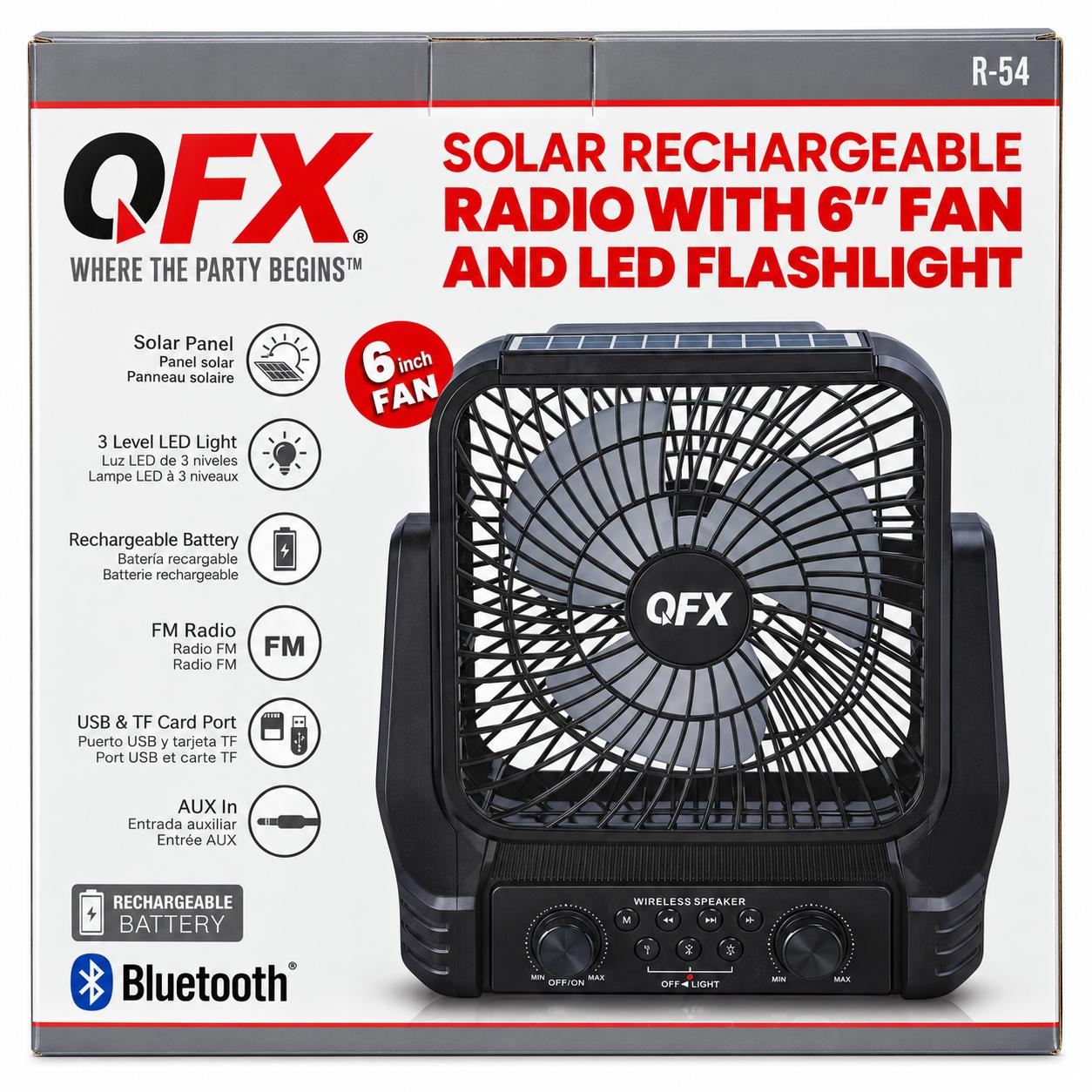 Wholesale-QFX R54 FM Radio with BT and Solar Charger Light and Fan-Solar Radio-Electro Vision Inc