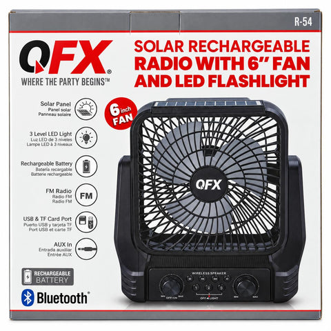 Wholesale-QFX R54 FM Radio with BT and Solar Charger Light and Fan-Solar Radio-Electro Vision Inc