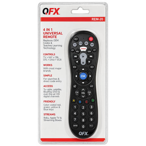 Wholesale-QFX REM20 Universal Remote 4-in-1 (TV/DVD/STB/STREAMING: Apple TV & Roku)-Remote Control-Electro Vision Inc