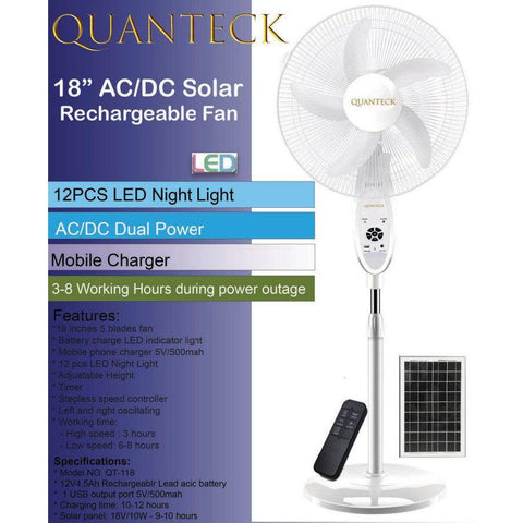 Wholesale-Quanteck 18" Rechargeable Solar Fan w/ 18V 10W Solar Panel-Fans-QT-118-Electro Vision Inc