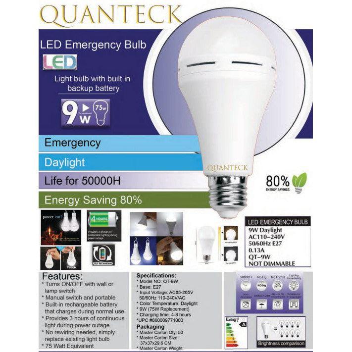 Wholesale-Quanteck 9W Emergency LED 6500K-E27, AC85-265V-Light Bulb-Electro Vision Inc
