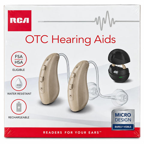Wholesale-RCA 2-PK OTC Rechargeable Hearing Aid Behind-the-Ear Micro Design with Charging Case - Beige-Hearing Aid-Electro Vision Inc