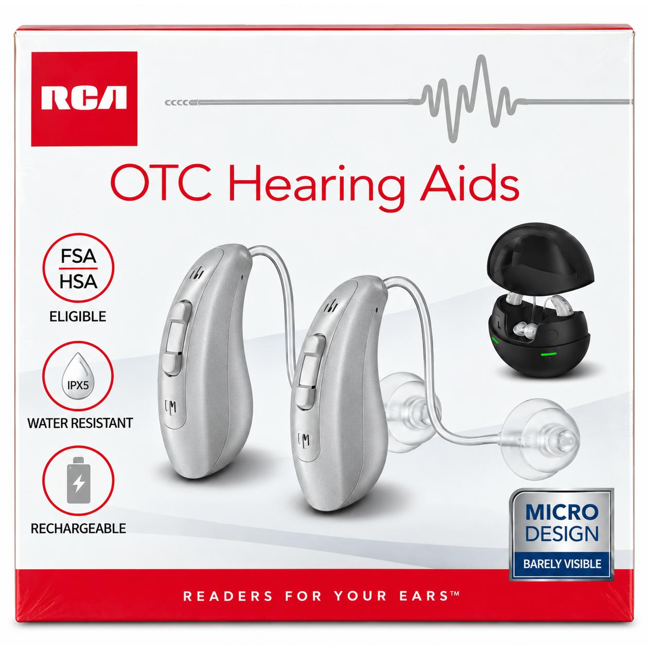 Wholesale-RCA RSH062SL 2-PK OTC Rechargeable Hearing Aid Behind-the-Ear Micro Design with Charging Case - Silver-Hearing Aid-Electro Vision Inc