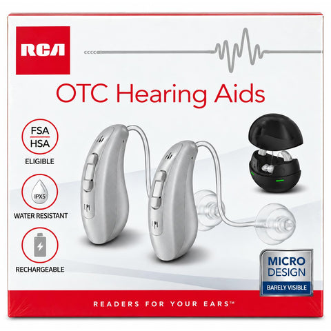 Wholesale-RCA RSH062SL 2-PK OTC Rechargeable Hearing Aid Behind-the-Ear Micro Design with Charging Case - Silver-Hearing Aid-Electro Vision Inc